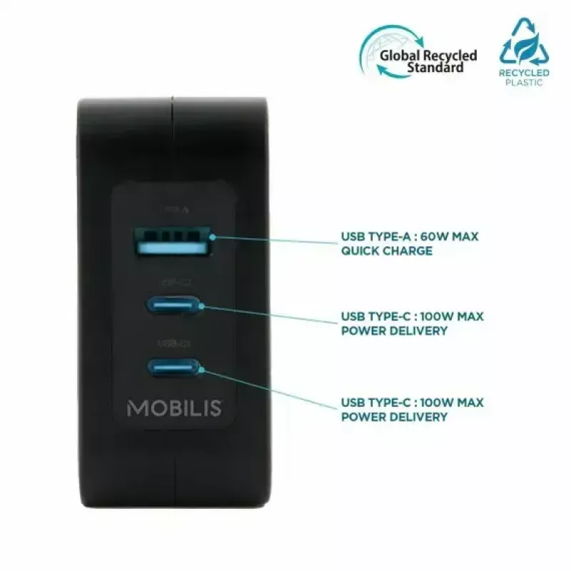 Caricabatterie Ravanson Mobilis 100W GaN 2×USB‑C + 1×USB‑A AC per interni — per laptop, smartphone, tablet — nero