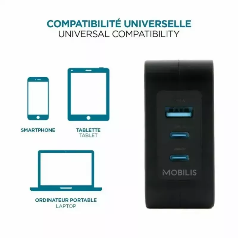Caricabatterie Ravanson Mobilis 100W GaN 2×USB‑C + 1×USB‑A AC per interni — per laptop, smartphone, tablet — nero