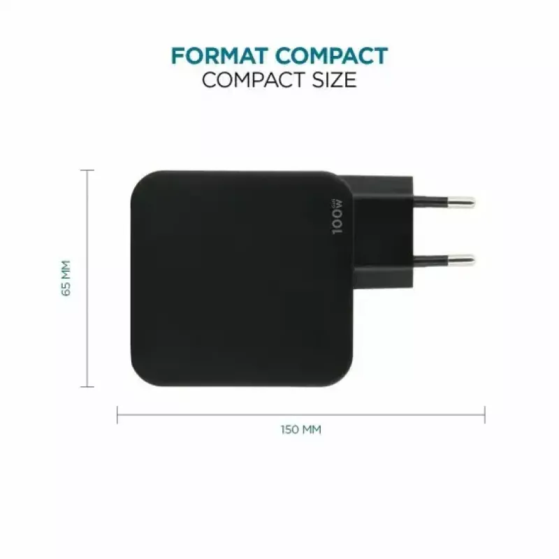 Caricabatterie Ravanson Mobilis 100W GaN 2×USB‑C + 1×USB‑A AC per interni — per laptop, smartphone, tablet — nero
