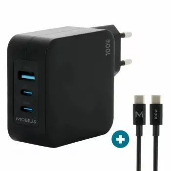 Caricabatterie Ravanson Mobilis 100W GaN 2×USB‑C + 1×USB‑A AC per interni — per laptop, smartphone, tablet — nero