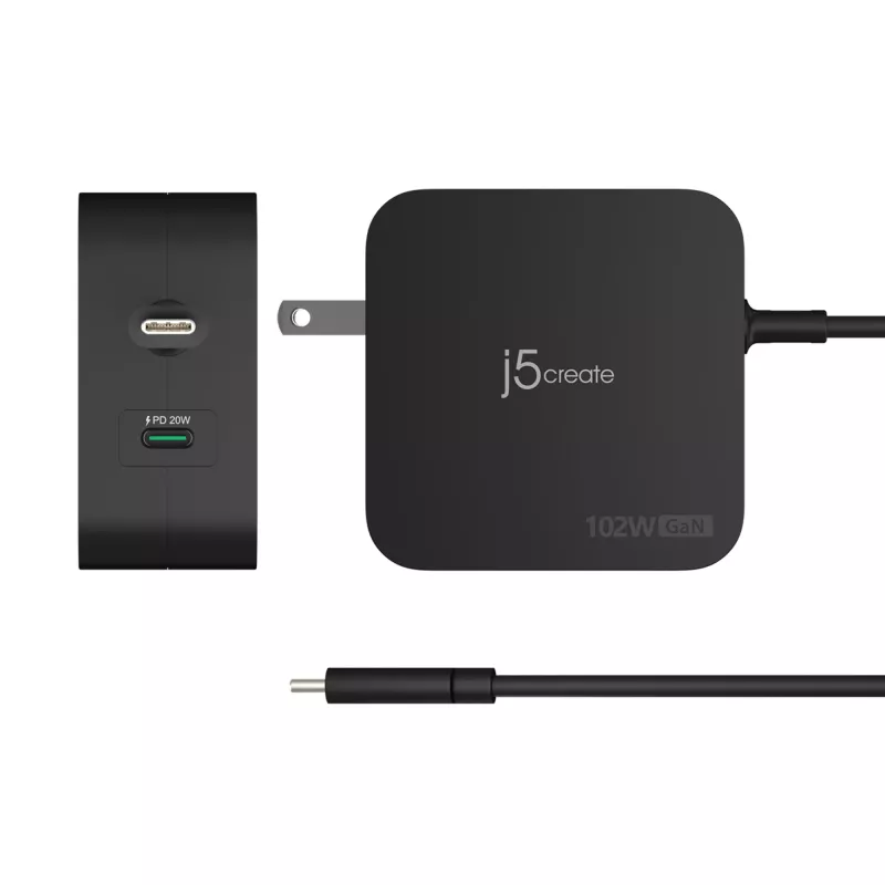 j5create caricabatterie 102W GaN PD USB-C 2 porte con spine intercambiabili