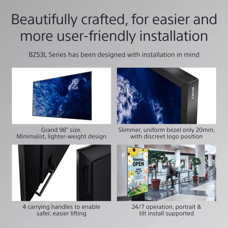 Sony BRAVIA FW-98BZ53L Display professionale 4K HDR Full Array LED, 780 cd/m2, Deep Black Non-Glare 47% Haze, 24/7 e 5 anni PrimeSupport
