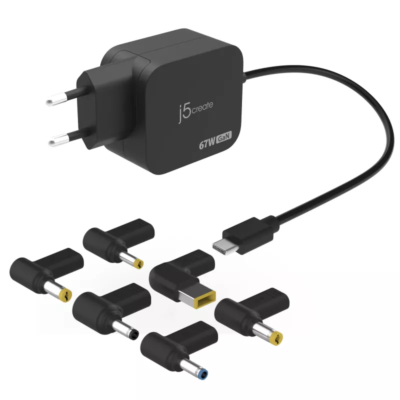 j5create JUP1565DC 67W GaN PD USB-C® Mini caricabatterie con 6 tipi di connettori DC – EU, nero