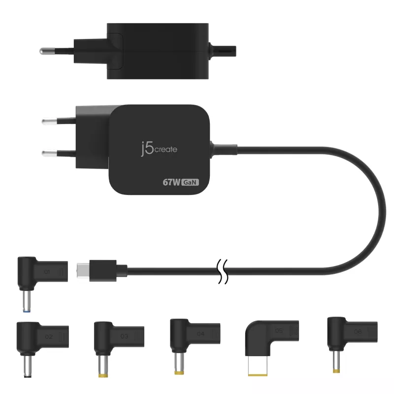j5create JUP1565DC 67W GaN PD USB-C® Mini caricabatterie con 6 tipi di connettori DC – EU, nero