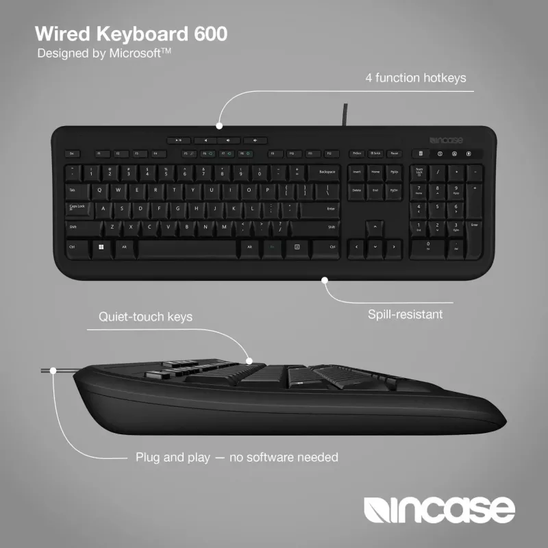 Tastiera cablata full-size Incase Designed by Microsoft Wired 600 — USB, QWERTY, inglese UK, nero