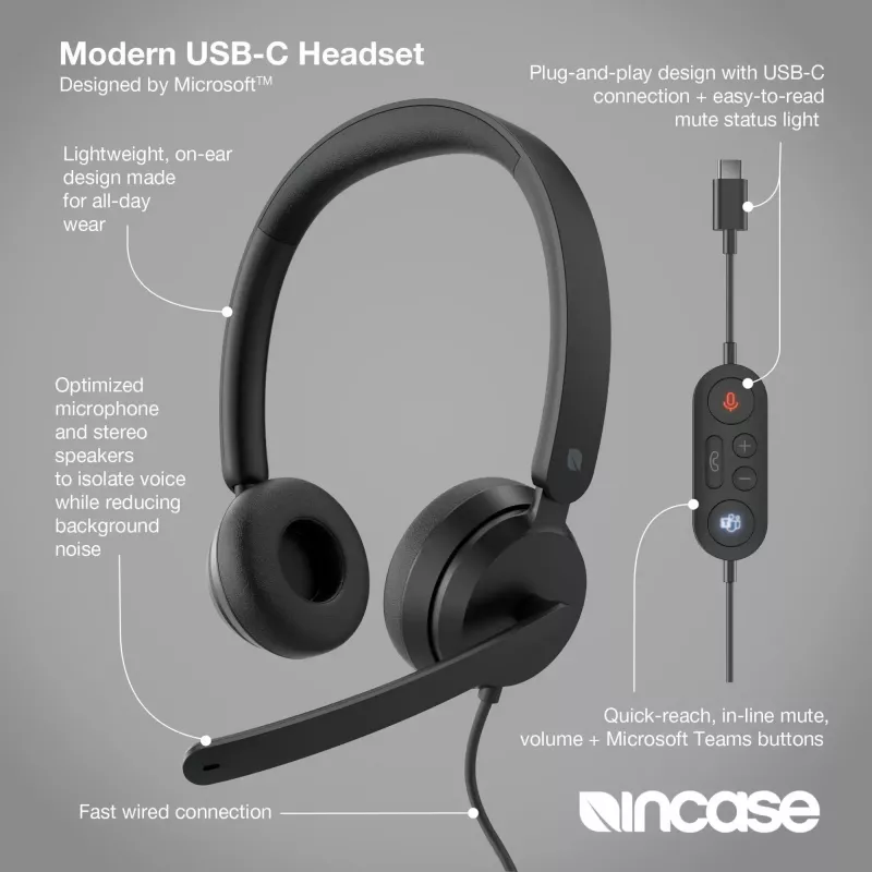 Incase Designed by Microsoft Modern USB-C Headset cuffia cablata con archetto ufficio/call center USB Type-C nero