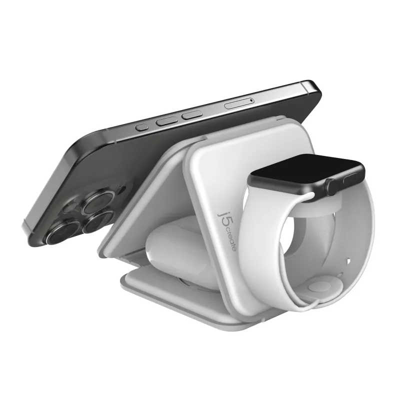 j5create Qi2 3-in-1 Magnetic Travel Wireless Charging Station per interni USB ricarica rapida bianco