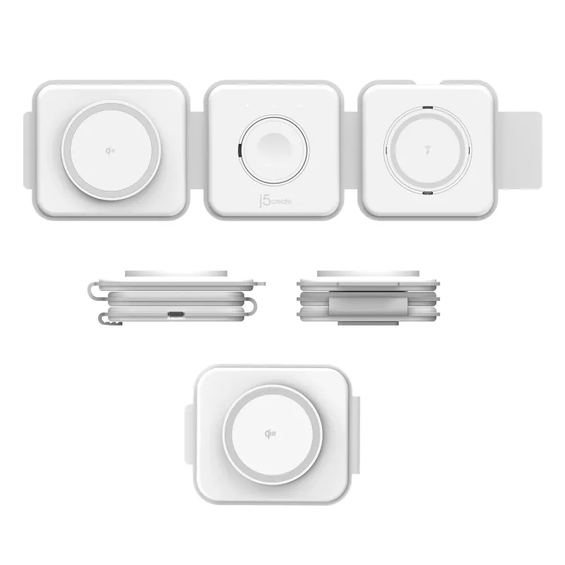 j5create Qi2 3-in-1 Magnetic Travel Wireless Charging Station per interni USB ricarica rapida bianco