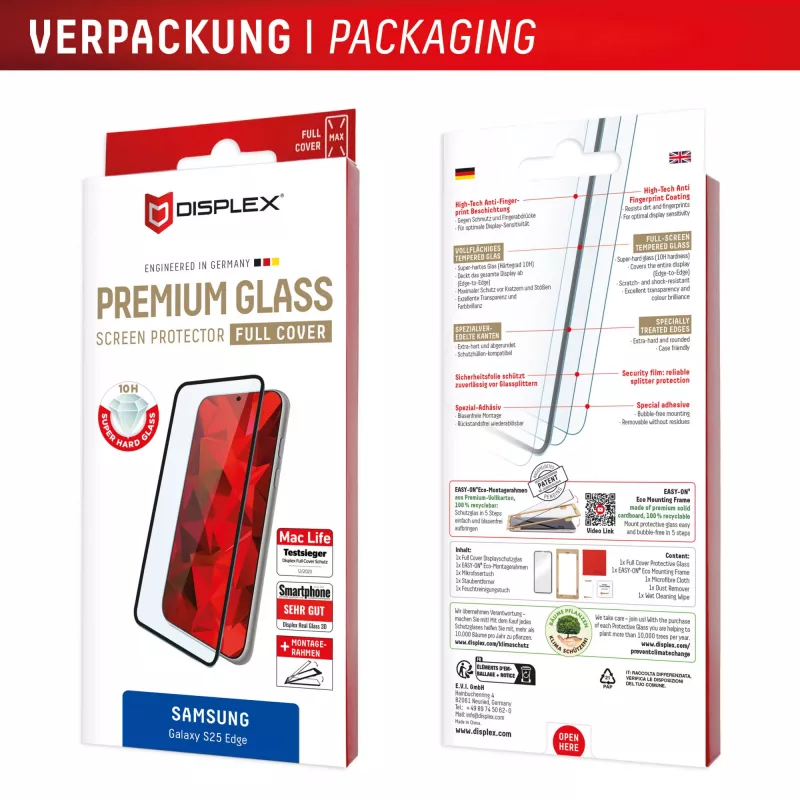 Displex Pellicola protettiva Premium (Full Cover, 10H) per Samsung Galaxy S25 Edge, cornice di montaggio Eco, Full Cover