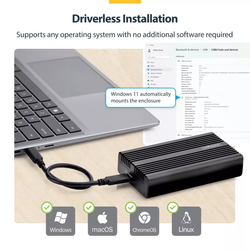 Case USB4 M.2 NVMe StarTech.com, 40 Gbit/s, case esterno USB-C/Thunderbolt per SSD NVMe, case con dissipatore in alluminio, B+M/M-Key