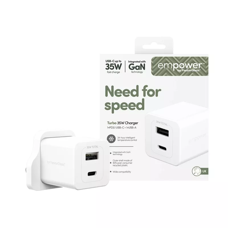 Caricabatterie PanzerGlass empower™ by ® Turbo 35W incl. USB-C + USB-A | spina UK | bianco argento