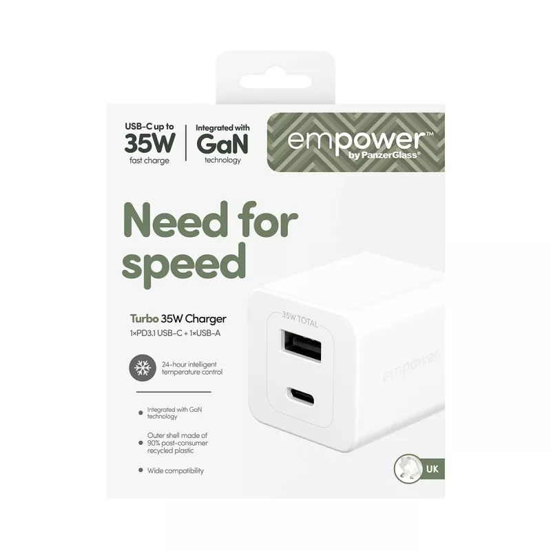 Caricabatterie PanzerGlass empower™ by ® Turbo 35W incl. USB-C + USB-A | spina UK | bianco argento