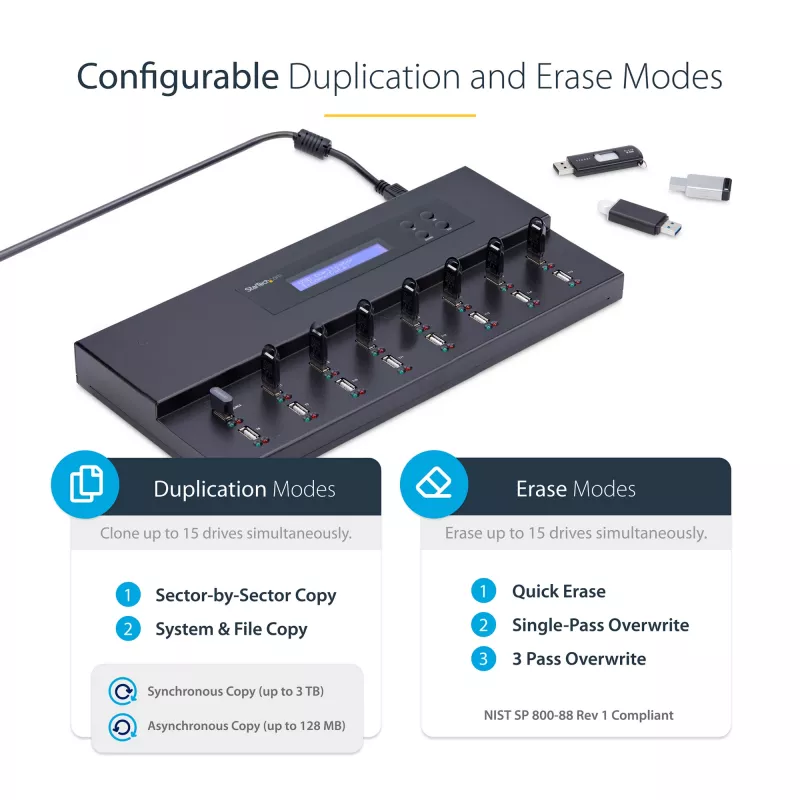 StarTech.com Duplicatore e cancellatore autonomo di chiavette USB 1 a 15, copiatore multiplo di unità flash USB, copia di sistema, file e intera unità a 1,5 GB/min, cancellazione singola e a 3 passaggi, display LCD – TAA