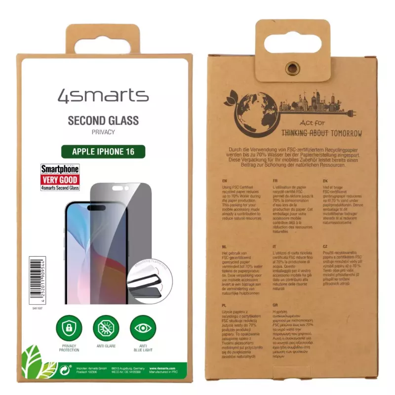 Pellicola protettiva per display 4smarts 541197 per Apple iPhone 16 vetro temperato