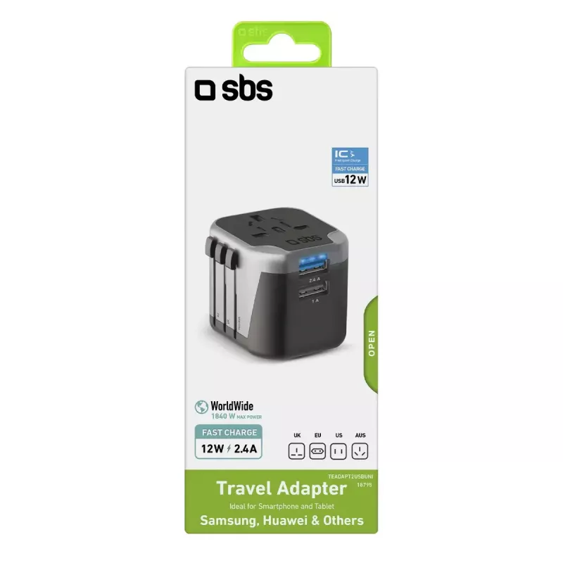 Alimentatore per dispositivi mobili SBS Mobile TEADAPT2USBUNI — nero/argento, adattatore USB