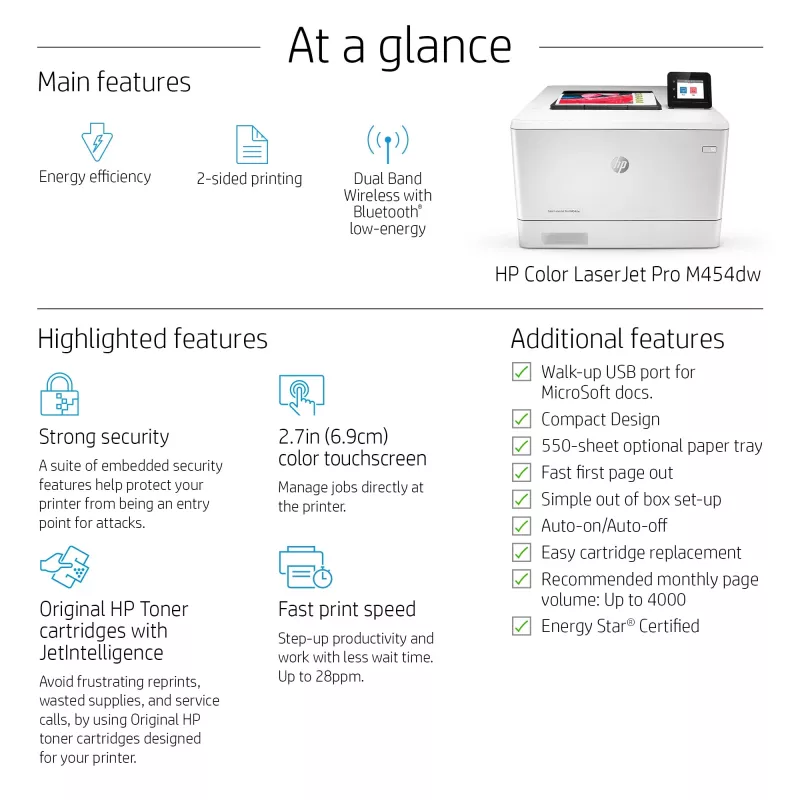 HP Color LaserJet Pro M454dw, stampa, stampa USB frontale; stampa fronte-retro