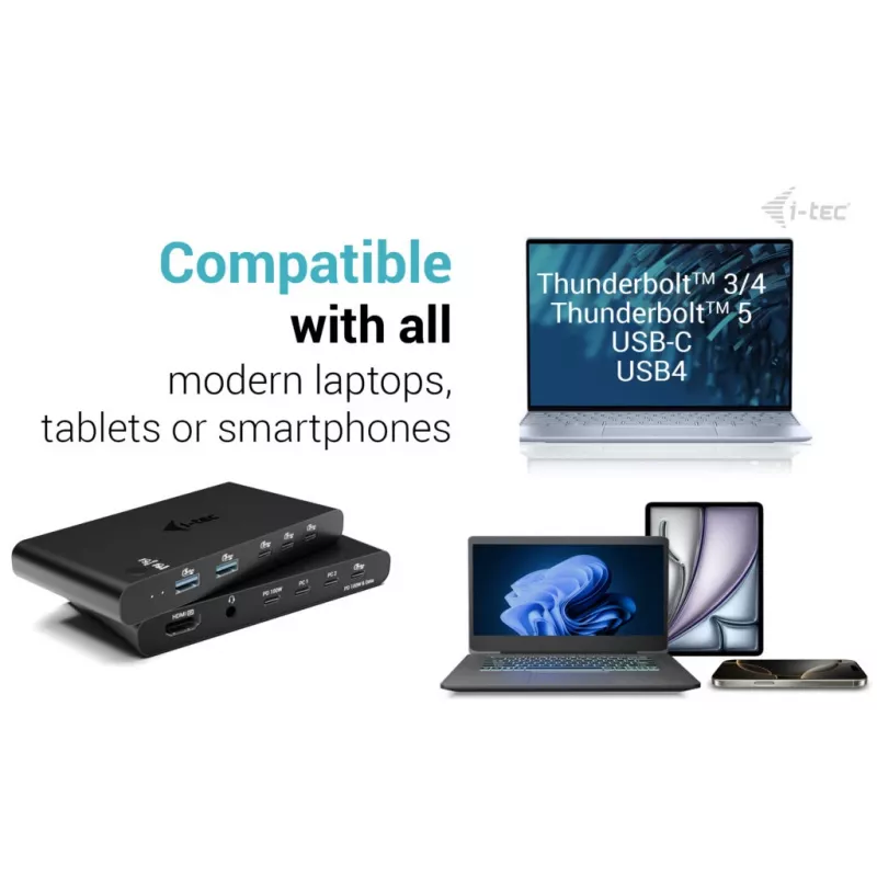 Docking station KVM i-tec per 2 host HDMI, interfaccia host USB-C, PD 2×100W, 4K@60Hz, 2×USB-A