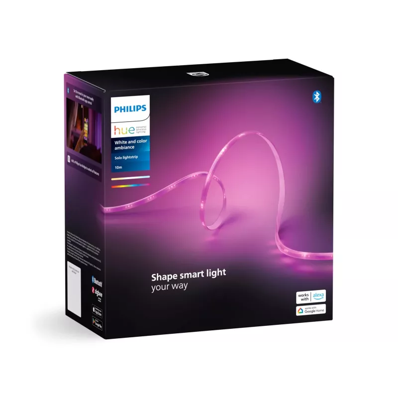 Philips Hue Solo Lightstrip 10 m striscia LED, White and Color Ambiance, 20 W, Bluetooth/Zigbee, IP20, cavo da 1,5 m, 14 x 4,5 mm