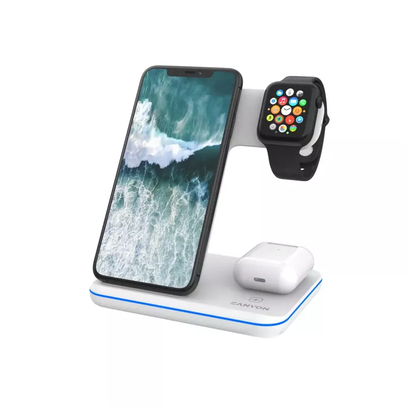 CANYON WS-303 supporto di ricarica wireless Qi 3 in 1, 15 W, bianco (CNS-WCS303W)