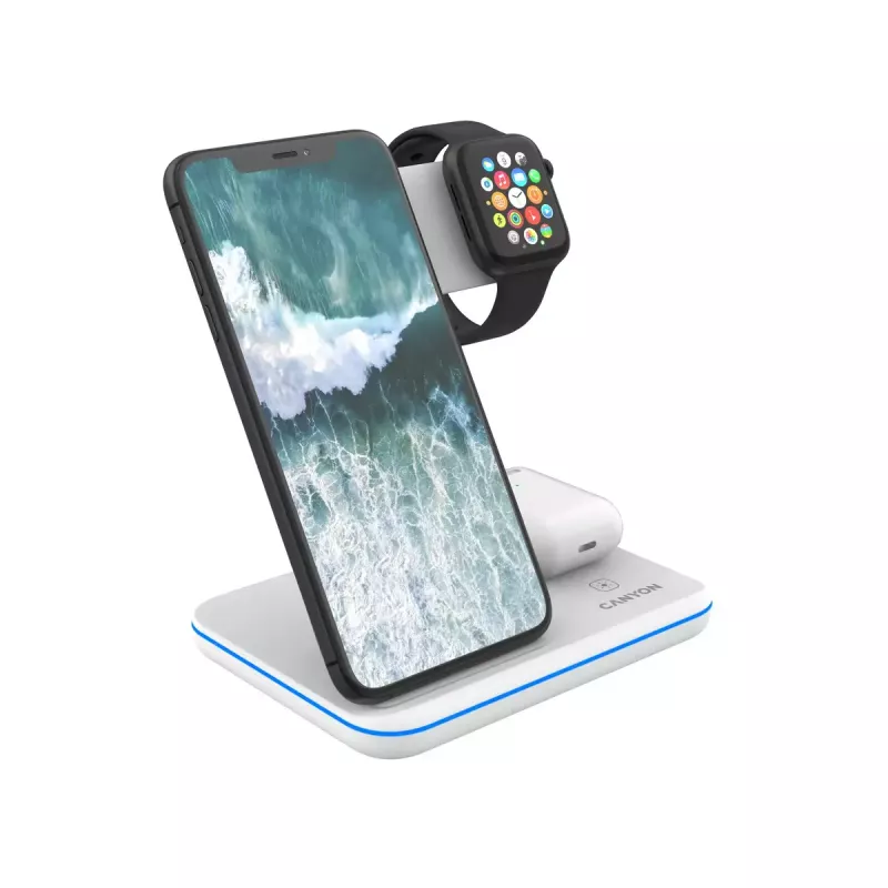 CANYON WS-303 supporto di ricarica wireless Qi 3 in 1, 15 W, bianco (CNS-WCS303W)