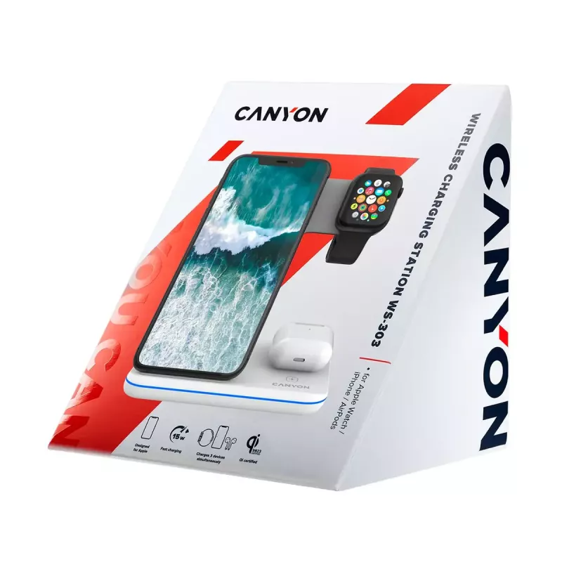 CANYON WS-303 supporto di ricarica wireless Qi 3 in 1, 15 W, bianco (CNS-WCS303W)