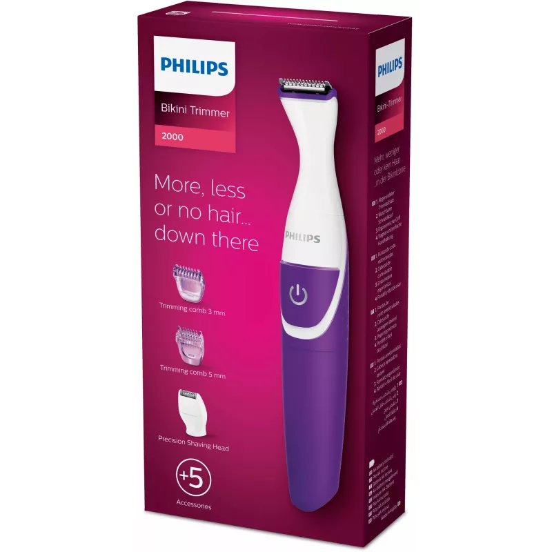 Rifinitore bikini Philips Essential BRT383/15, 3 livelli di lunghezza, batteria AA, 120 min di autonomia, bianco/viola