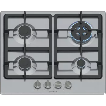Piano cottura a gas da incasso Bosch Serie 4 PGH6B5K90, 4 zone in acciaio inox, 60 cm, manopole, bruciatore wok
