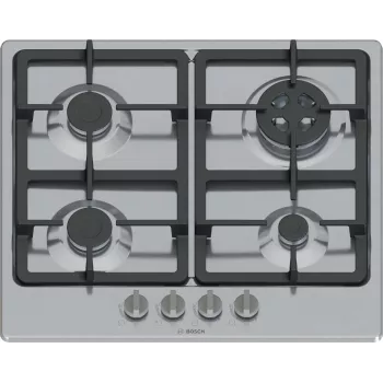 Piano cottura a gas da incasso Bosch Serie 4 PGH6B5K90, 4 zone in acciaio inox, 60 cm, manopole, bruciatore wok