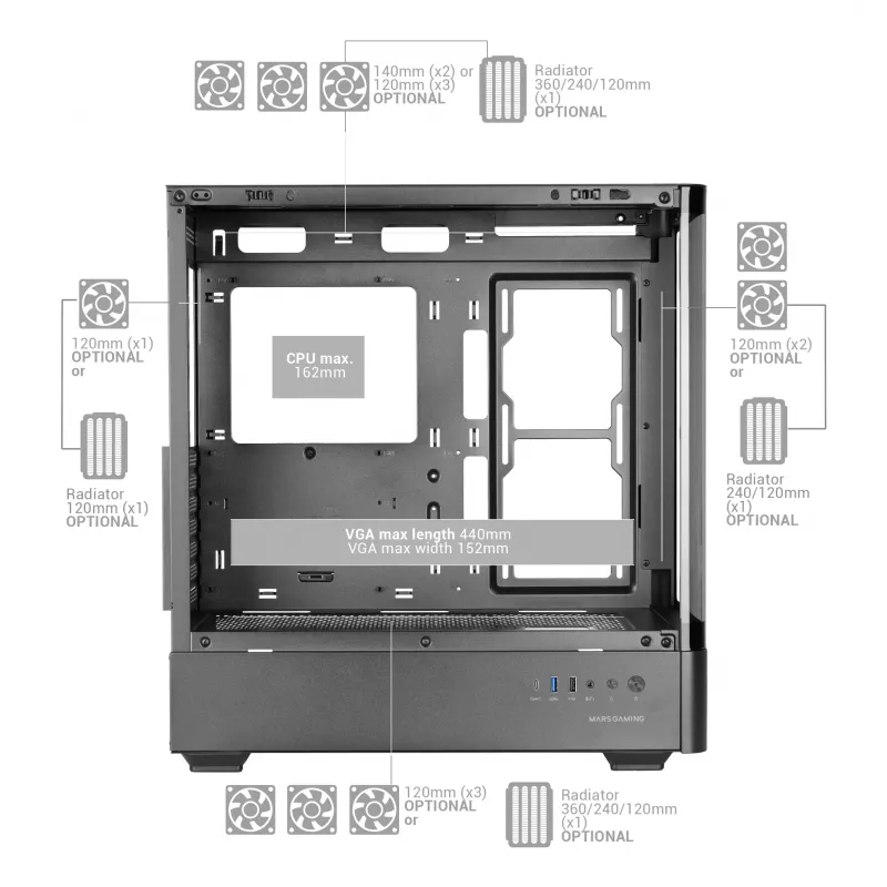 Case per PC TACENS Mars Gaming MCLCDPRO Midi Tower – nero, display IPS 7,2 pollici, alimentatore in basso, supporto ATX/Micro‑ATX/Mini‑ITX