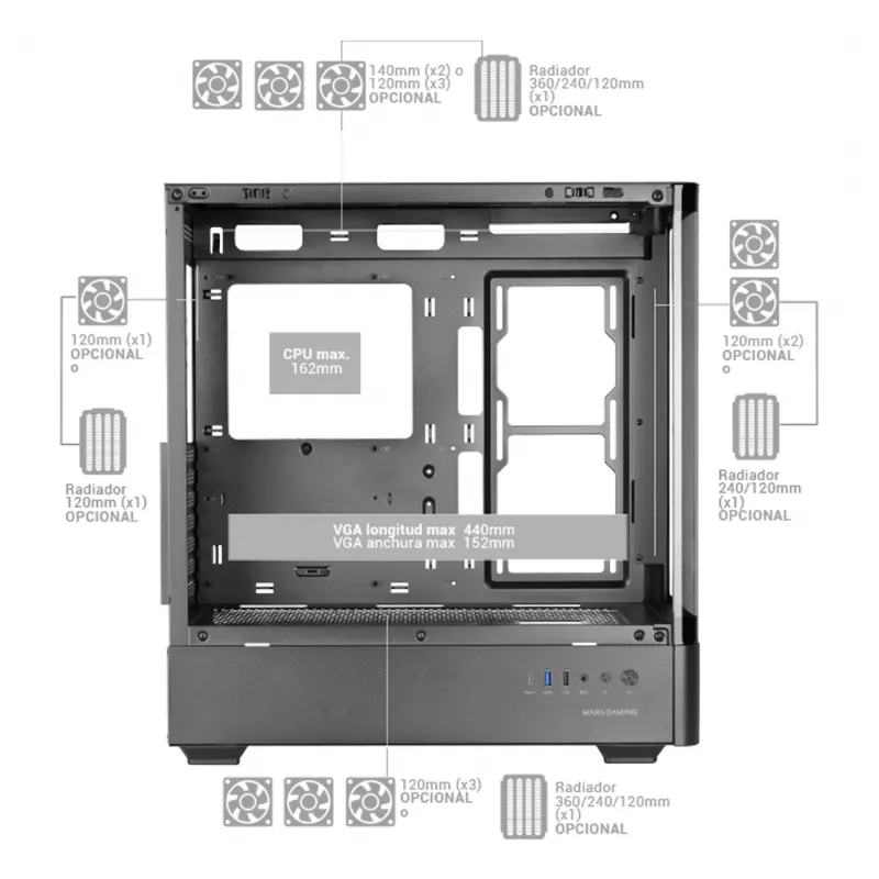 Case per PC TACENS Mars Gaming MCLCDPRO Midi Tower – nero, display IPS 7,2 pollici, alimentatore in basso, supporto ATX/Micro‑ATX/Mini‑ITX