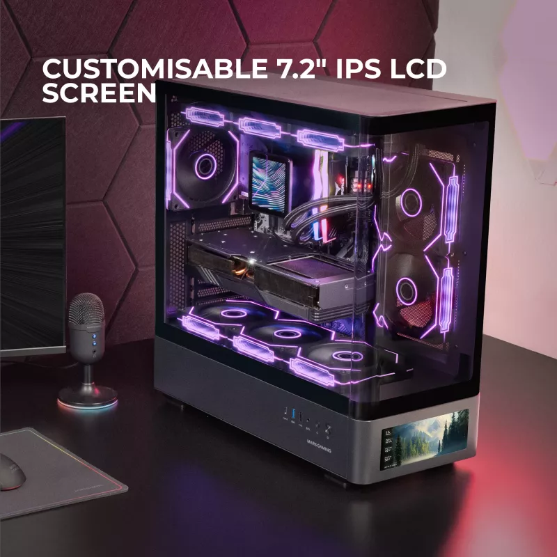Case per PC TACENS Mars Gaming MCLCDPRO Midi Tower – nero, display IPS 7,2 pollici, alimentatore in basso, supporto ATX/Micro‑ATX/Mini‑ITX