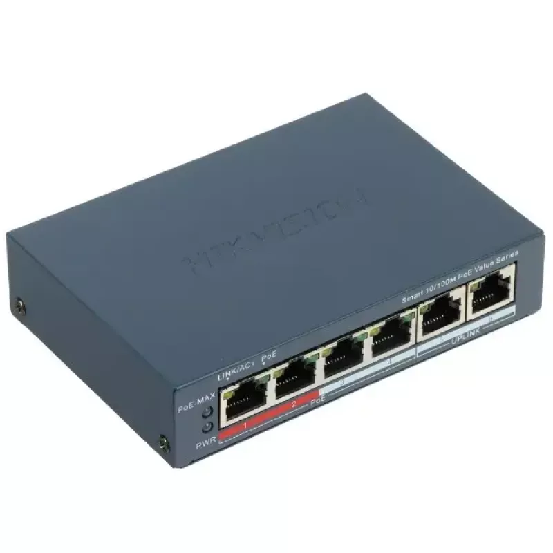 Switch di rete Hikvision DS-3E1106P-EI — switch Ethernet PoE 6 porte, unmanaged, 10/100 Mbit/s