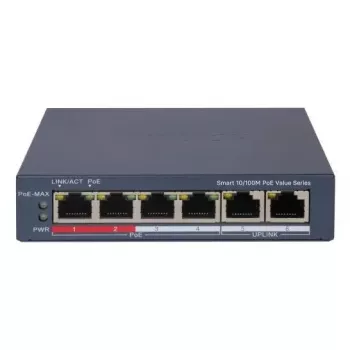 Switch di rete Hikvision DS-3E1106P-EI — switch Ethernet PoE 6 porte, unmanaged, 10/100 Mbit/s