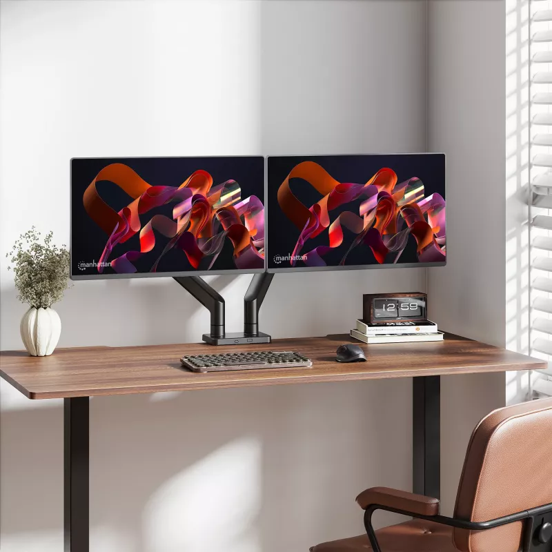 Manhattan supporto da scrivania per TV e monitor, completamente orientabile, braccio a molla, 2 schermi, 13–45 pollici, nero