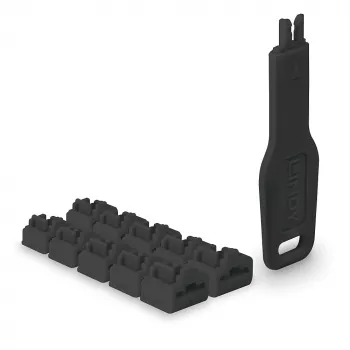 Set blocco porte Lindy RJ45 Port Locks nero — 10 pz. + 1 chiave, compatibile con connettori RJ-45