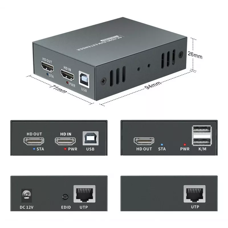 Kit di estensione AV (trasmettitore e ricevitore) LEVELONE HVE-8111, 3840x2160, Cat6, USB-A/USB-B, DC 12V (2 pezzi)