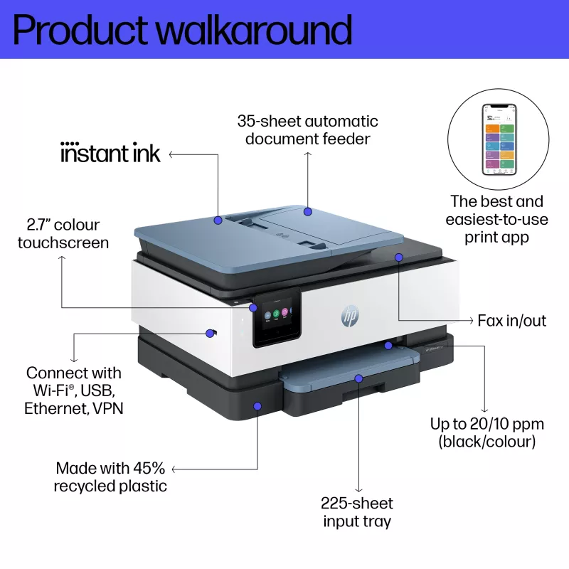 HP OfficeJet Pro 8125e stampante multifunzione a colori wireless, Instant Ink; stampa fronte-retro