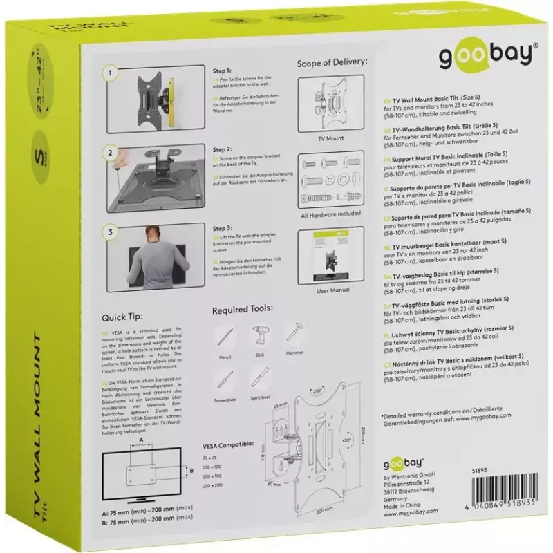 Goobay TV EasyFlex M Supporto a parete inclinabile, nero (51893)
