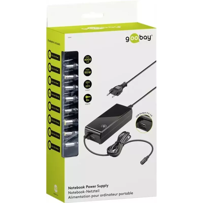 Goobay 81 W Alimentatore per notebook, nero, 1,6 m, USB e 8 adattatori DC inclusi