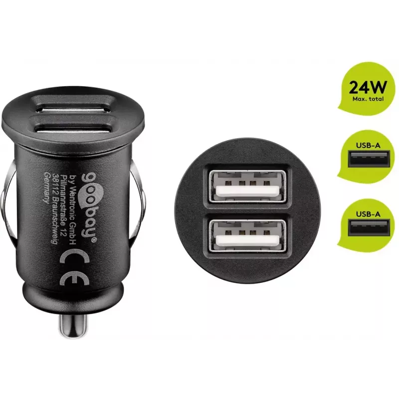 Adattatore da auto Goobay Dual-USB 24 W nero ricarica rapida protezione da sovracorrente