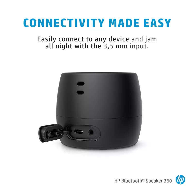 HP Black Speaker Bluetooth 360, cavo e wireless, altoparlante mono portatile, nero, cilindro, tasti, universale
