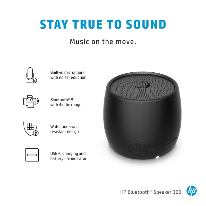HP Black Speaker Bluetooth 360, cavo e wireless, altoparlante mono portatile, nero, cilindro, tasti, universale