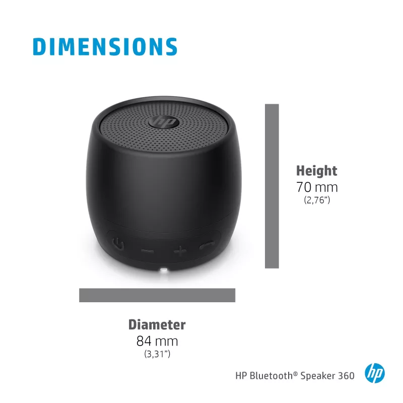 HP Black Speaker Bluetooth 360, cavo e wireless, altoparlante mono portatile, nero, cilindro, tasti, universale