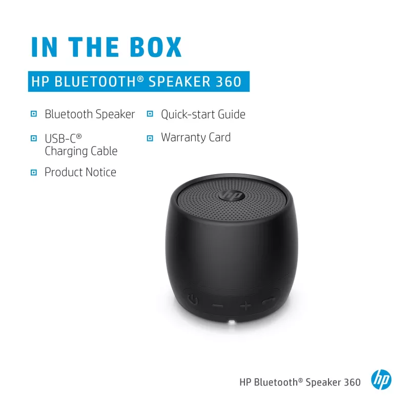 HP Black Speaker Bluetooth 360, cavo e wireless, altoparlante mono portatile, nero, cilindro, tasti, universale