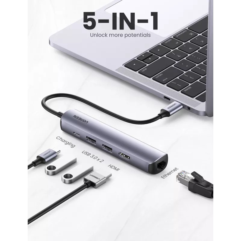 Ugreen CM418 10919 hub USB-C 5 in 1, HDMI 4K 30 Hz, Ethernet, USB 3.0, Power Delivery, alluminio, grigio