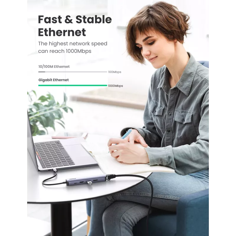 Ugreen CM418 10919 hub USB-C 5 in 1, HDMI 4K 30 Hz, Ethernet, USB 3.0, Power Delivery, alluminio, grigio
