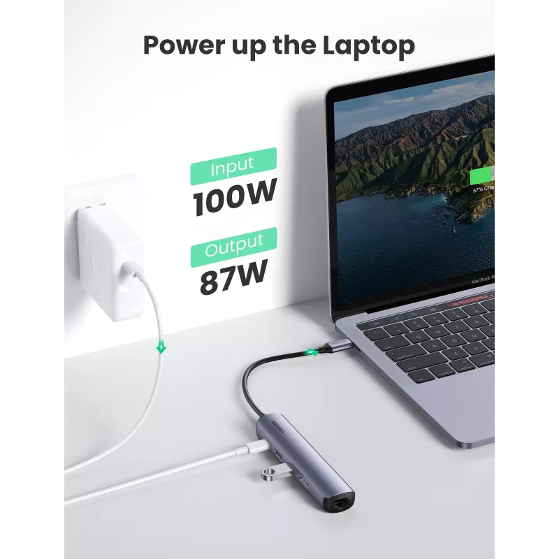 Ugreen CM418 10919 hub USB-C 5 in 1, HDMI 4K 30 Hz, Ethernet, USB 3.0, Power Delivery, alluminio, grigio