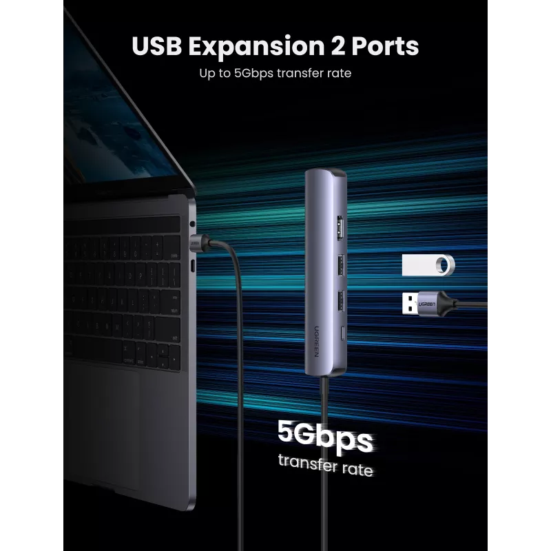 Ugreen CM418 10919 hub USB-C 5 in 1, HDMI 4K 30 Hz, Ethernet, USB 3.0, Power Delivery, alluminio, grigio