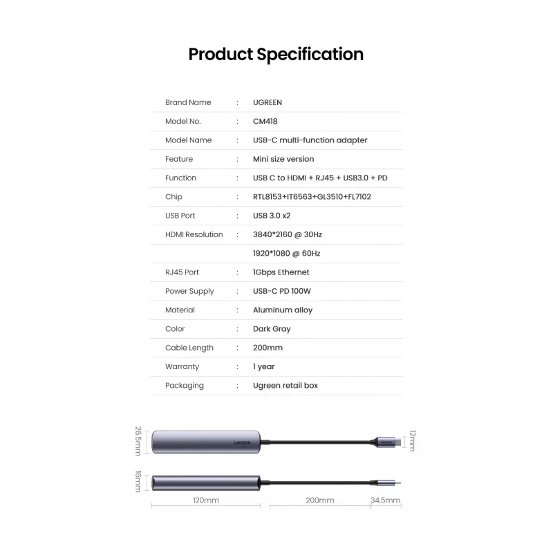 Ugreen CM418 10919 hub USB-C 5 in 1, HDMI 4K 30 Hz, Ethernet, USB 3.0, Power Delivery, alluminio, grigio