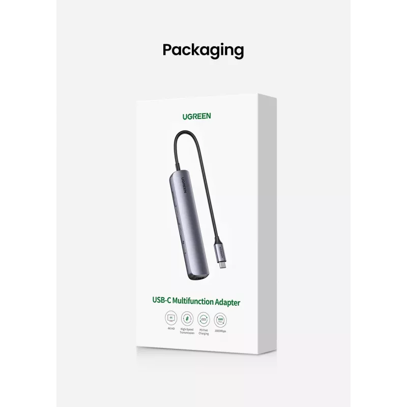 Ugreen CM418 10919 hub USB-C 5 in 1, HDMI 4K 30 Hz, Ethernet, USB 3.0, Power Delivery, alluminio, grigio